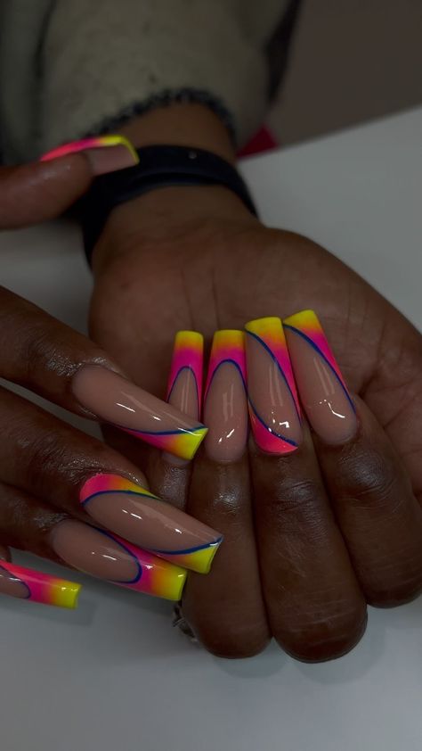 Colored Manicure Tips, Colorful Nail Designs Summer, Neon Nail Powder Designs, Long Square Nails Design Ideas Summer, Neon Nails Summer 2024, Neon Holiday Nails, Summer Nails Designs 2024, Neon Pink Nails Acrylic, Neon Acrylic Nails Designs