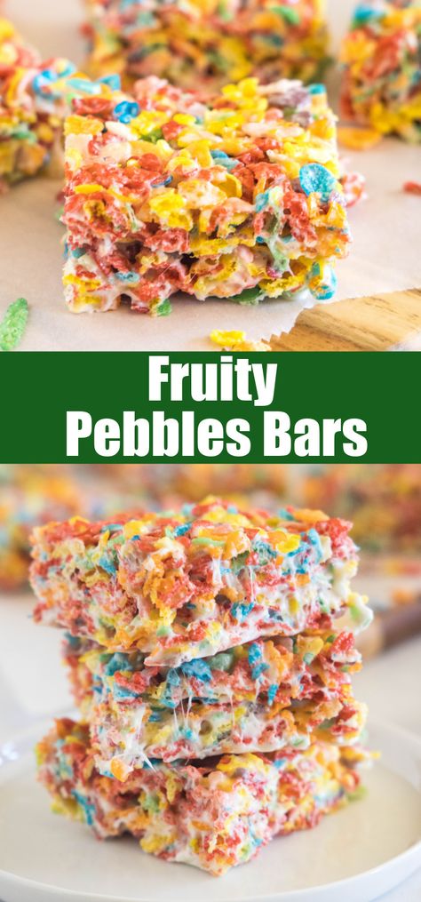 Just 4 ingredients to make the sweet, fruity, and delicious Fruity Pebbles Bars. A fun twist on a classic for a whole new treat. Fruity Pebbles Bars, Cafe Meals, Kid Friendly Desserts, Fruity Pebble Bars, Fruity Pebbles Treats, Easter Rice Krispie Treats, Mouthwatering Desserts, Fruity Pebble, Kid Friendly Dessert