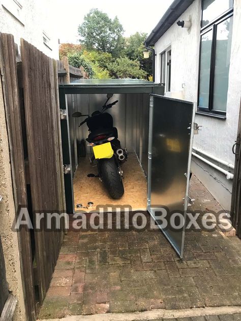 Motorcycle storage Motorcycle Storage Shed Diy, Motorbike Storage Ideas, Diy Motorcycle Shed, Motorcycle Storage Ideas, Motorcycle Storage Garage, Motorcycle Shed, Motorbike Shed, Motorbike Storage, Motorcycle Storage Shed