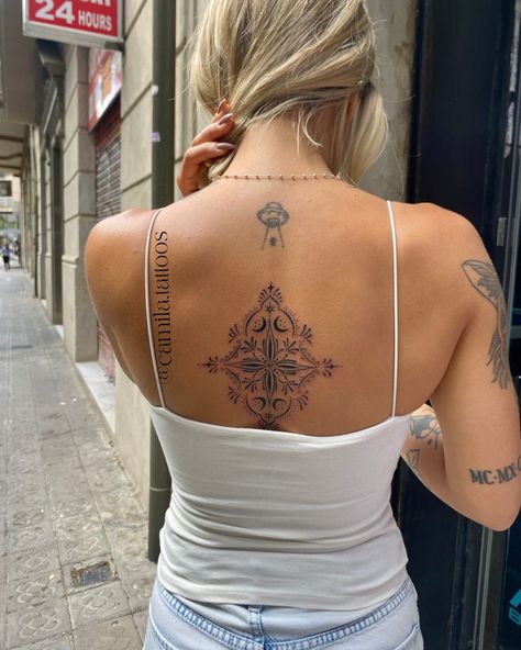 Ornamental Spine Tattoos, Ornamental Tattoo Back, Tibetan Tattoo, Front Shoulder Tattoos, Sketch Tattoos, Polish Tattoos, Flower Wrist Tattoos, Spine Tattoos For Women, Back Tattoo Women