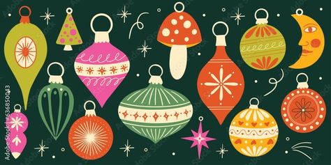 christmas, ornament, bauble, christmas ball, vector, illustration, set, collection, decoration, holiday, elements, xmas, winter, christmas tree, snowflake, mushroom, amanita, moon, stars, celebration, festive, snow, new year, merry christmas, greeting, card, vintage, retro, trendy, flat, cartoon, cute, style, design, banner, background, invitation, sticker, editable, hand drawn, hanging decoration, season, seasonal, postcard, gift, ornamental, yule, colored, bold design, cheerful, pack, kit Winter Holiday Decorations, Xmas Baubles, Retro Ornaments, Retro Cartoon, Art Journal Therapy, Christmas Tree Cards, Christmas Inspo, Christmas Ornament Sets, Window Painting