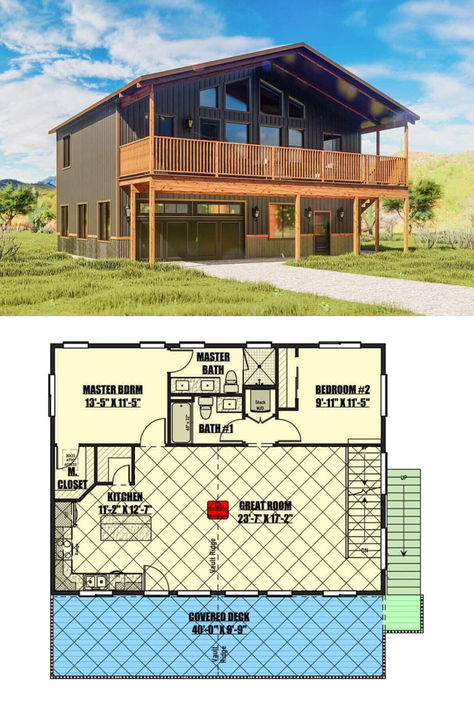 Rustic Two-Story 2-Bedroom Barndominium with Open Concept Living (Floor Plan) Loft Layout Floor Plans, 2 Story Barndominium Floor Plans, 2 Story Barndominium, Loft Layout, Barndominium House, Southern Traditional, Bedroom Barndominium, Country Craftsman, European Farmhouse