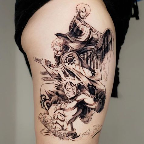 sanji, zoro and luffy tattoo one piece One Piece Tattoos Sanji, Zoro And Luffy Tattoo, Luffy Tattoo One Piece, Sanji Tattoo Design, Sanji Tattoo, Men Finger Tattoos, One Piece Tattoo Ideas, Luffy Tattoo, Zoro And Luffy