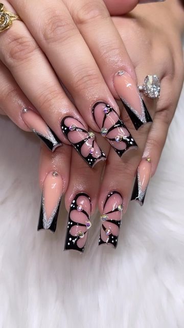 Black Nail Butterfly, French Tip Acrylic Nails Butterfly, French Tip Nails Black Glitter, Goth Butterfly Nails, Black Butterfly Nail Designs, Square Butterfly Nails, Butterfly Bling Nails, Black Nails Butterfly, Butterfly Nail Designs Acrylic