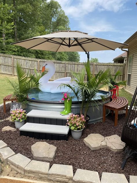 Stock Tank Pool Design, Stock Tank Pool Landscape Ideas, Backyard Stock Tank Pool Ideas, Deck Around Stock Tank Pool, Stock Tank Pool Accessories, Cowboy Pool Ideas, Boujee Backyard, Apartment Palette, Tin Pool