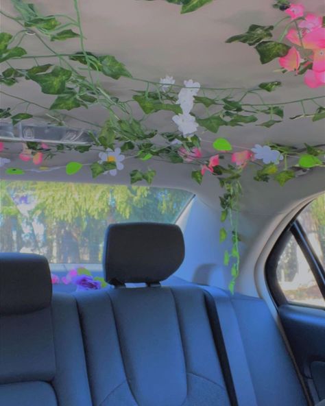 Fake Flower Car Ceiling, Maximalist Car Decor, Flower Car Roof, Sage Green Car Decor, Vines In Car, Car Ceiling Decoration, Car Makeover, Car Interior Diy, Hippie Car