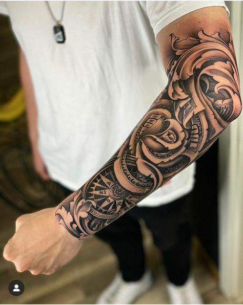 Money Rose Tattoo, Arm Tattoos For Guys Forearm, Tattoo Ideas Males, Hipster Tattoo, Heaven Tattoos, Half Sleeve Tattoos Drawings, Card Tattoo Designs, Forearm Band Tattoos, Money Tattoo