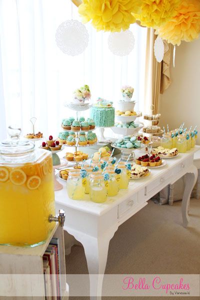 this is the one Shaun ones now! Its official! Lemon Yellow and Teal! LOVE LOVE these colors together! Bar A Bonbon, Surprise Baby Shower, Baby Shower Tea, Party Box, Festa Party, Shower Food, Dessert Buffet, Food Table, Baby Shower Food