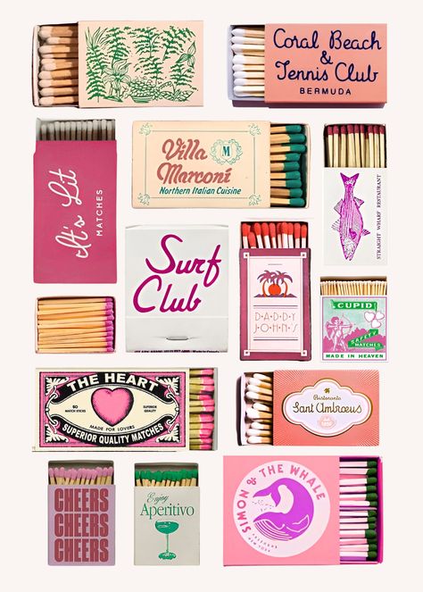 These retro collections feature a charming assortment of vintage-inspired designs, each evoking a sense of nostalgia and classic style. The first image showcases a variety of old-fashioned tickets, reminiscent of cinema, travel, and event admissions from the past. The colors are a blend of muted tones and vibrant hues, with fonts and decorative elements that transport you back to mid-20th century aesthetics. Each ticket is distinct, with playful typography and design details that capture the era Vintage Matchbook Design, Mid Century Fonts, Retro Vibes Aesthetic, Vintage Label Design, Vintage Cocktails, Retro Packaging, Playful Typography, Retro Art Prints, Matchbox Art