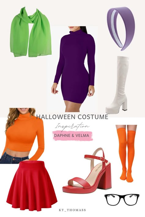 Daphne Costume Amazon, Daphne And Velma Costumes Baddie, Female Scooby Doo Costumes, Daphne And Velma Costumes College, Halloween Costumes Velma And Daphne, Dafne Scooby Doo Outfit, Daphne And Velma Cosplay, Scooby Doo Costumes Daphne, Daphne Diy Costume