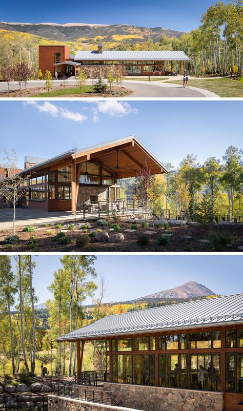 Craine Architecture has recently completed a new activity center for the Summit Sky Ranch in Silverthorne, Colorado, that features plenty of wood, stone, and glass. #Architecture #BuildingDesign Amenity Center Design, Community Clubhouse Ideas, Small Community Center Design, Nature Center Architecture, Community Center Ideas, Community Center Architecture, Library Pavilion, Community Center Design, Community Clubhouse