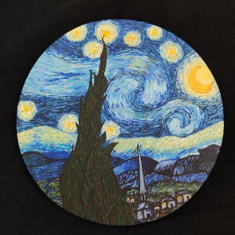 #painting#art#acrylic#starry#night#vangogh#vincent Painting On Circle Canvas Easy, Small Circle Canvas Paintings, Circular Canvas Painting Ideas, Circle Canvas Painting Acrylics, Circle Canvas Painting Ideas Easy, Circle Canvas Painting Easy Diy, Round Canvas Painting Ideas, Round Canvas Painting Ideas Easy, Circle Canvas Painting