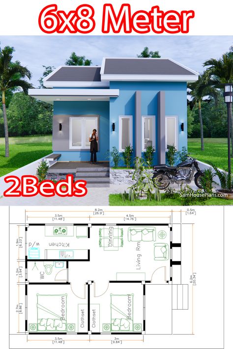 6x8 House Plan, Small House Model, Cottage House Designs, Little House Plans, Small House Layout, Small Cottage Homes, Affordable House Plans, Modern Small House Design, 2 Bedroom House Plans