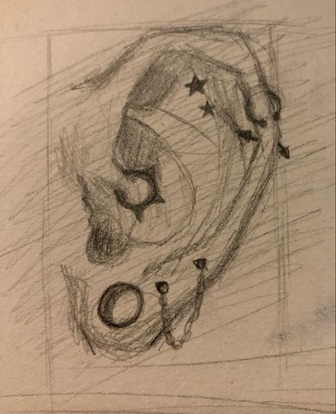 Ear Piercing Sketch, Sketch Grunge Aesthetic, Ear Drawing With Piercing, Nose Drawing With Piercing, Art Inspo Aesthetic Sketch Grunge, Earing Drawing Reference, Drawing Grunge Sketch, Sketchbook Art Inspiration Aesthetic Grunge, Funky Art Sketches