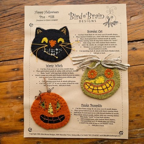 Three Halloween characters to wear for the fall season. A scary black cat, a green witch with a wart on her nose (poor thing!) and a pumpkin with a big smile. Easy to make and fun to wear or give as gifts. Bird Brain Designs, Halloween Felt Crafts, Fall Sewing Projects, Cozy Up Your Home, Bird Brain, Halloween Sewing, Halloween Characters, Fall Sewing, Wool Applique Patterns