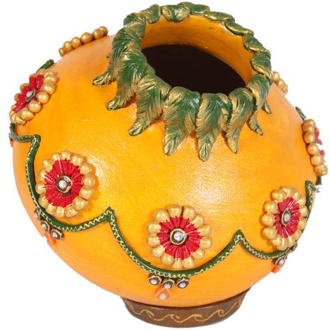 Kundan minakari matki with lid Wedding Pottery, Kalash Decoration, Coconut Decoration, Pottery Painting Ideas, Diya Decoration Ideas, Thali Decoration Ideas, Kundan Work, Diy Diwali Decorations, Pen Stand