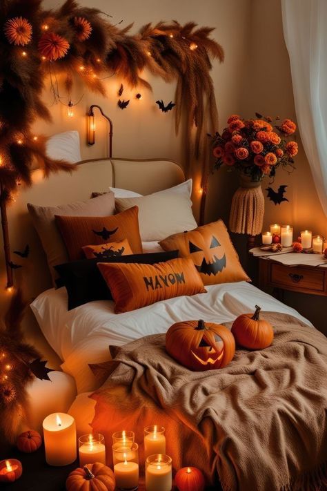 Spooky Bedroom, Autumn Bedroom, Decorate For Halloween, Wallpaper Room, Bedroom Vibes, Pumpkin Wallpaper, Fall Bedroom Decor, Fall Bedroom, Halloween Stuff