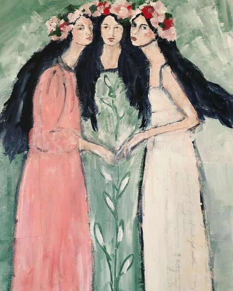 Three Women Painting, White Venetian Plaster, Prompt Pictures, Vintage Ledger Paper, 3 Graces, Vintage Ledger, Ledger Paper, Painting Women, Mixed Media Portrait