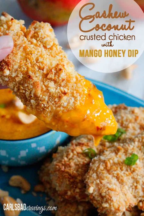 Coconut Crusted Chicken Tenders, Tropical Chicken, Coconut Chicken Tenders, Coconut Crusted Chicken, Honey Dip, Crusted Chicken Tenders, Carlsbad Cravings, Coconut Chicken, Crusted Chicken