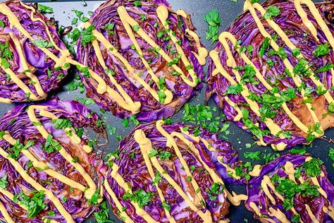 Roasted Red Cabbage Steaks With Red Pepper Tahini Sauce Red Cabbage Steaks, Roasted Red Cabbage, Roasted Cabbage Steaks, Tahini Sauce Recipe, Red Cabbage Recipes, Red Cabbage Salad, Cabbage Steaks, Roasted Cabbage, Wfpb Recipes