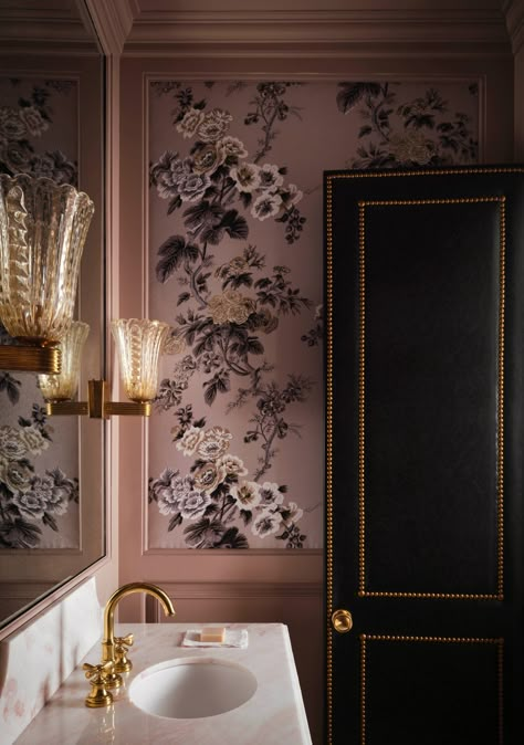 Antique Writing Desk, Frank Lloyd Wright Homes, Floral Chair, Door Detail, Dining Room Colors, Brown Walls, Half Bathroom, Dining Nook, Half Bath