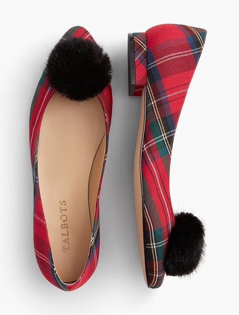 Small Heel Shoes, Plaid Shoes, Plaid Flats, Holiday Shoes, Low Heel Shoes, Faux Fur Pom Pom, Fur Pom Pom, Shoe Obsession, Red Shoes