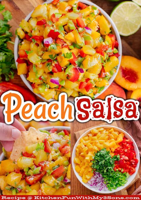 This easy Peach Salsa recipe is perfect for Summer and made with fresh juicy peaches. Serve with chips for an appetizer or on top of fish, chicken or pork. Salsa For Fish Recipes, Easy Peach Salsa, Fun Food Ideas For Kids, Peach Appetizer, Summer Dip Recipes, Peach Salsa Recipe, Peach Salsa Recipes, Vegtable Garden, Salsa Recipes