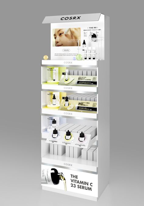 Design Renewal Promotion Shelf for COSRX – Design Appetizer Salad Product Shelf Design, Shelf For Display, Product Shelf Display Retail, Pos Display Design Creative, Visual Marketing Display, Skin Care Display, Shelf Display Ideas, Display Shelf Design, Pop Up Display