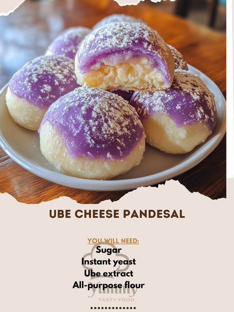 Fluffy, colorful, and cheesy—Ube Cheese Pandesal is the ultimate treat for any time of day! 🧀💜 #UbeCheesePandesal Ube Cheese Pandesal Ingredients: All-purpose flour (3 cups) Ube extract (1 tbsp) Instant yeast (2 tsp) Sugar (1/2 cup) Butter (1/4 cup, melted) Egg (1) Milk (3/4 cup, warm) Cheese cubes (1 cup) Instructions: Combine flour, sugar, and yeast in a bowl. Add milk, egg, ube extract, and melted butter. Knead until dough forms. Let the dough rise for 1 hour. Divide dough into small b... Ube Cheese Pandesal, Ube Extract, Cheese Cubes, Small B, Instant Yeast, A Bowl, Melted Butter, Purpose Flour, 1 Cup