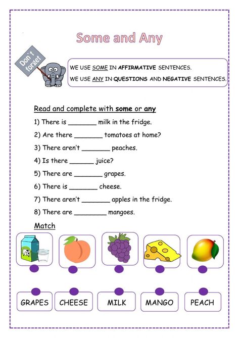 Some or any interactive activity for grade 4. You can do the exercises online or download the worksheet as pdf. Some And Any Exercises, Any Some Worksheet, Some And Any Worksheets, Some Any Worksheet, Some Any, English Primary School, Christmas Math Worksheets, Uncountable Nouns, Ela Worksheets