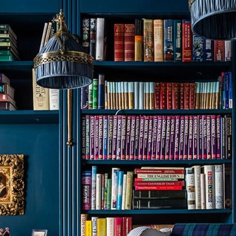 Barr Joinery on Instagram: "Glossy dark blue bookcases are hand-finished and lit by integrated pierced brass lamps. Beautifully detailed shelved panelling reflects the property's Queen Anne architecture.​​​​​​​​​ Photography: @jonathanbondphotography Interior design: @samanthatodhunterdesign #samanthatodhunterdesign #bookcase #bookcasestyling #bookcases #bookcasedecor" Queen Anne Architecture, Blue Bookcase, Brass Lamps, Bookcase Styling, Bookcase Decor, Brass Lamp, Queen Anne, Joinery, Architecture Photography