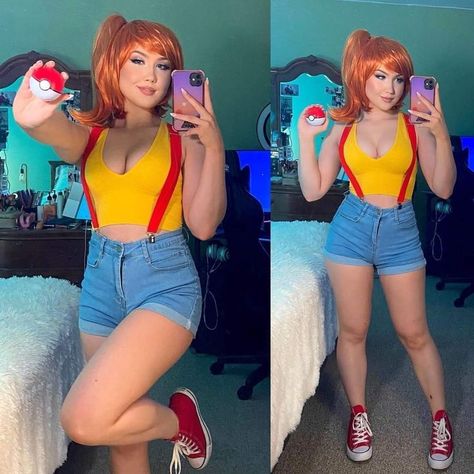 Cheap Cosplay Ideas For Women, Misty Costume Pokemon, Cosplay For Blondes, Misty Halloween Costume, Eevee Halloween Costume, Orange Hair Cosplay, Calgary Outfits, Pokemon Outfits Ideas, Misty Pokemon Costume