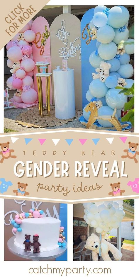 Take a look at this cute teddy bear gender reveal! The party decorations are so sweet! See more party ideas and share yours at CatchMyParty.com Gender Reveal Teddy Bear, Teddy Bear Gender Reveal, Bear Gender Reveal, Baby Shower Party Planning, Gender Reveal Party Ideas, Reveal Party Ideas, Bear Baby Shower Theme, Baby Gender Reveal Party, Birthday Party Activities