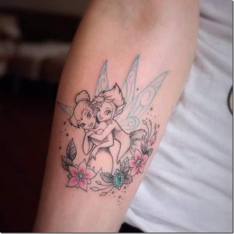 Disney Sister Tattoos, Disney Characters Tattoos, Fairies Tattoo, Marie Tattoo, Tinkerbell Tattoo, Bell Tattoo, Tinker Bell Tattoo, Fairy Tattoos, Colour Tattoo For Women