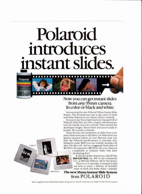 1984 Polaroid 35mm Instant Slide System Vintage Coppertone Ads, 80s Editorial Ads, Environmental Poster Design, Polaroid Advertising, Polaroid Graphic Design, 80s Polaroid, 80s Editorial, Polaroid Inspiration, Polaroid Design