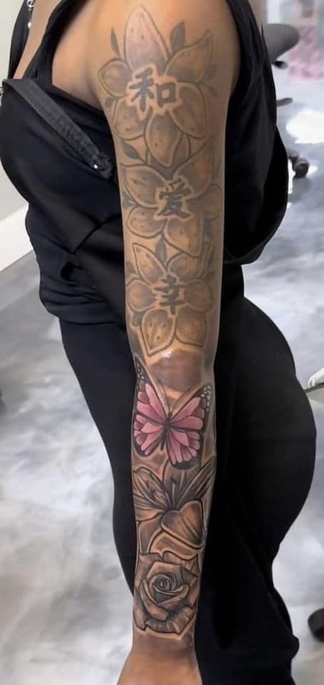 Cute Girly Sleeve Tattoos, Japanese Neck Tattoo For Women, Full Leg Sleeve Tattoo Black Female, Tat Sleeves For Women, $100 Tattoos, Sleeve Tats For Women, Full Sleeve Tattoos Women Black, Whole Sleeve Tattoos For Women, Baddie Tats Arm Sleeve