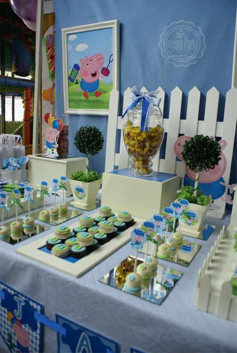 George Pig birthday party dessert table! See more party ideas at CatchMyParty.com! Pig Birthday Party Decorations, George Pig Birthday Party, Pig Treats, George Pig Party, George Pig Birthday, Peppa Pig Birthday Party Decorations, George Peppa, Peppa Party, Pig Birthday Cakes