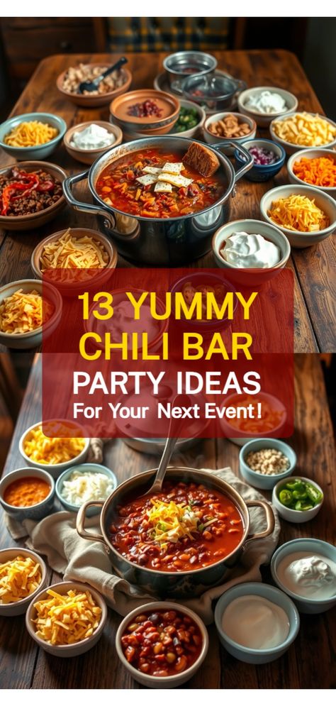 chili bar party ideas Chilli Bar Ideas Parties, Chilli Toppings, Bar Party Ideas, Chili Bar Party, Unique Chili, Unique Chili Recipes, Chili Party, Chill Bar, Toppings Bar