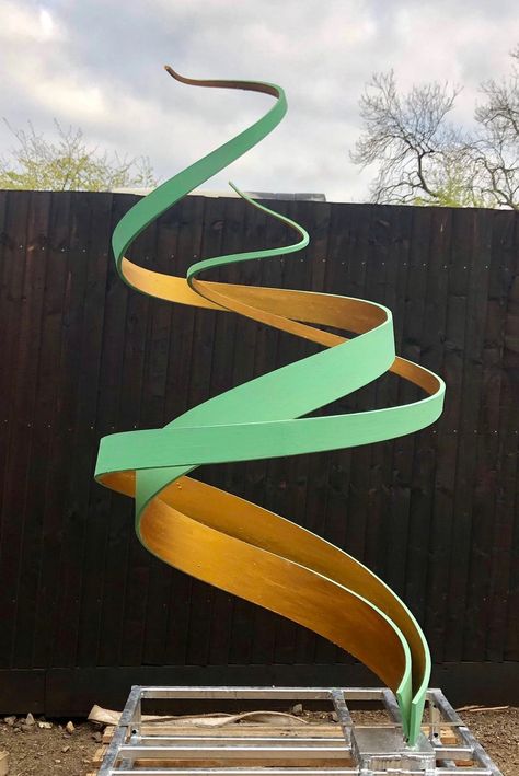 Modern Garden Spiral Sculpture Verdigris & Gold Centre Piece | Etsy Garden Spiral, Metal Sculptures Garden, Studio Office, Bamboo Art, Metal Garden Art, Bronze Patina, Centre Piece, Garden Art Sculptures, Metal Projects