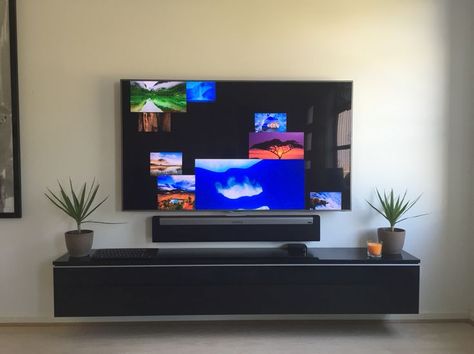 Wall mounted TV. Sonos sound-bar. | Ideas for house | Pinterest Sonos Sound Bar, Mounted Tv Wall, Wall Mounted Tv Unit, Sonos Playbar, Tv Mounted, Tv Walls, Swivel Tv Stand, Tv Mounting, Tv Stand With Mount