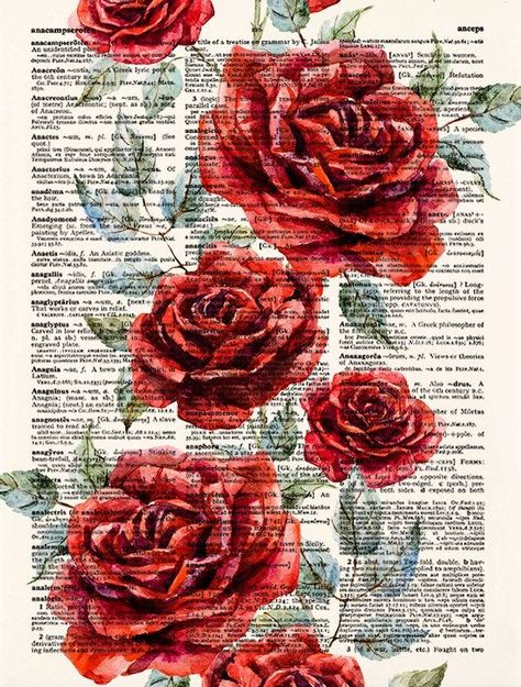 Red Roses Art, Drawing Roses, Roses Art, Newspaper Art, Book Page Art, Dictionary Art Print, Roses Red, Dictionary Art, Pinturas Disney