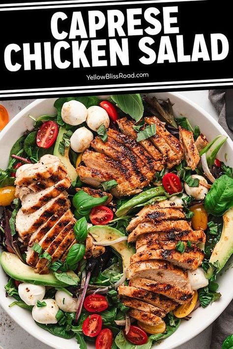 Caprese Chicken Salad has tender spring mix and arugula topped with grilled chicken, tomatoes, mozzarella, basil, and balsamic dressing. Grilled Steak Salad, Chicken Tomatoes, Chicken Cutlet Recipes, Homemade Balsamic Vinaigrette, Spring Mix Salad, Caprese Salad Recipe, Tomatoes Mozzarella, Bbq Chicken Salad, Best Pasta Salad