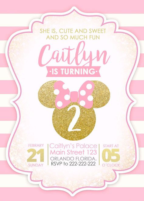 Minnie Mouse Pink And Gold Invitation, Girl Birthday, Gold Bow, Hearts B0E Minnie Invitations, Minnie Mouse Birthday Theme, Birthday Party Locations, Minnie Mouse Theme Party, Twodles Birthday, Minnie Mouse Birthday Party Decorations, Minnie Mouse Birthday Invitations, Minnie Mouse Invitations, Minnie Mouse 1st Birthday