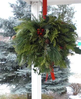 Evergreen Decor, Mistletoe Ball, Winter Hanging Baskets, Christmas Hanging Baskets, Christmas Outdoors, Kissing Balls, Christmas Thoughts, Kissing Ball, Christmas Planters