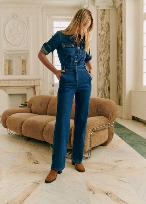 Brooklyn Jumpsuit - Denim - 0rganic cotton - textile made from organic fibers - Sézane Denim Jumpsuit Outfit, Jumpsuit Jeans, Jumpsuit Denim, Jumpsuit Outfit, Cotton Textile, French Women, Long Sleeve Jumpsuit, Spring Wardrobe, Jeans Jumpsuit