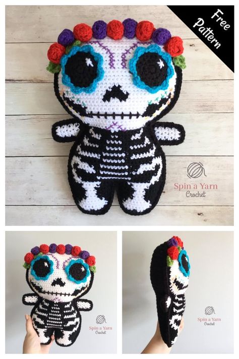 6 Sugar Skull Crochet Patterns Crochet Sugar Skull Pattern Free, Sugar Skull Crochet Pattern Free, Sugar Skull Crochet, Crochet Sugar Skull, Skull Amigurumi, Easy Crochet Patterns Free Beginners, Diy Shrug, Sugar Skull Crafts, Sugar Skull Pumpkin