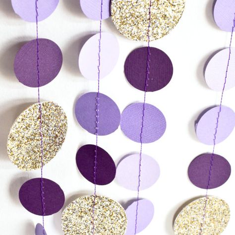 SHIPPING NOTES: PLEASE LEAVE EVENT DATE/DATE NEEDED IN NOTES TO SELLER! Thank you!! ************** Material: cardstock Length: one single strand, approx. 10 feet Sizes: 1 and 1.5 circles Colors: Classic Purple, Wild Pansy, Purple Pallisades and Gold Check out this garland using Party Decorations Purple, Lila Party, Purple Party Decorations, Trendy Party Decor, Purple Birthday Party, Ombre Purple, Gold Ombre, Mom Party, Wedding Shower Decorations