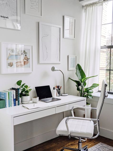 Office Refresh, Minimal Line Drawing, Colour Study, White Desk Office, Desk Plants, White Office, Small Home Office, Minimal Home, Apartment Style