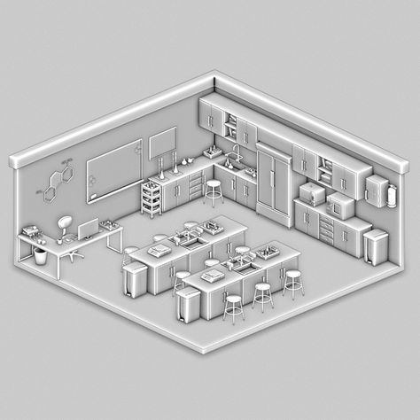 Isometric Chemistry Lab made in blender 3D Software, rendered with cycles engine...🧪 on sale in sketchfab: https://skfb.ly/oZvLZ #3d #blender #blender3d #isometricart #isometric #artgallery #design #3disometric #laboratory #lab #chemistrylab #chem #art #organicchemistry #periodictable #render3d #3drenders #fyp #explore #3dartists #orthographic #sciences #scienceart #blendercycles #b3d Chemistry Lab Design, Basement Laboratory Concept Art, Laboratory Environment Concept Art, Laboratory Building, Isometric Laboratory, Laboratory Architecture Plan, 3d Software, Chemistry Labs, Organic Chemistry