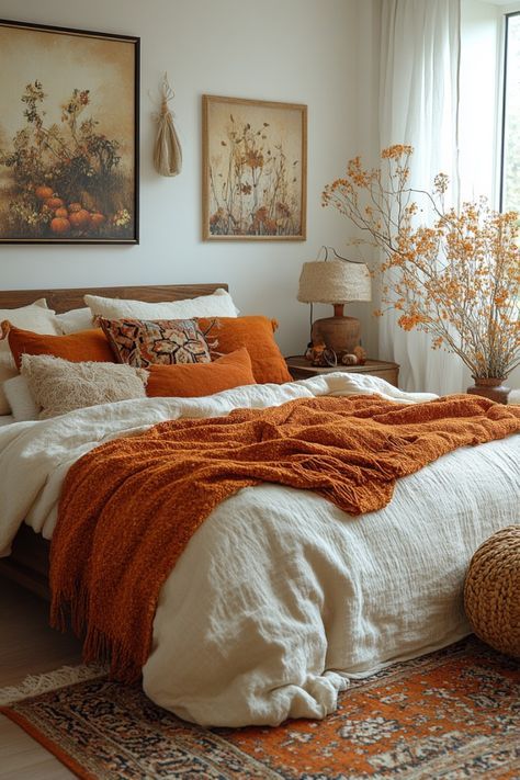 Neutral Bedroom Pop Of Color, Orange Home Aesthetic, Orange And White Bedroom, Rusty Orange Bedroom, Rustic Orange Bedroom, Orange Bedroom Aesthetic, Burnt Orange Accents, Burnt Orange Bedroom, Layered Textiles